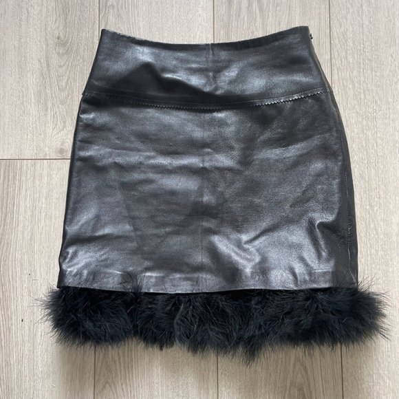 Cache Genuine Leather Pencil Skirt Side Zip Fuzzy Trim Black Size 0 - Picture 2 of 9